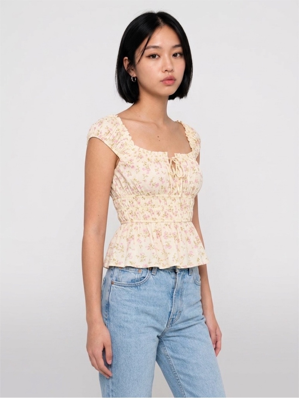 Abound Cream Floral Smocked Peplum Square-Neck Top
